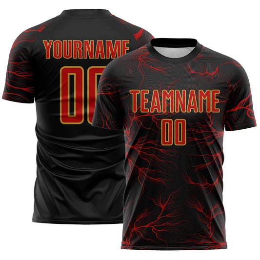 Custom Black Red-Old Gold Lightning Electric Veins Sublimation Soccer Uniform Jersey - Main View