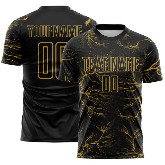 Custom Black Old Gold Lightning Electric Veins Sublimation Soccer Uniform Jersey - Main View