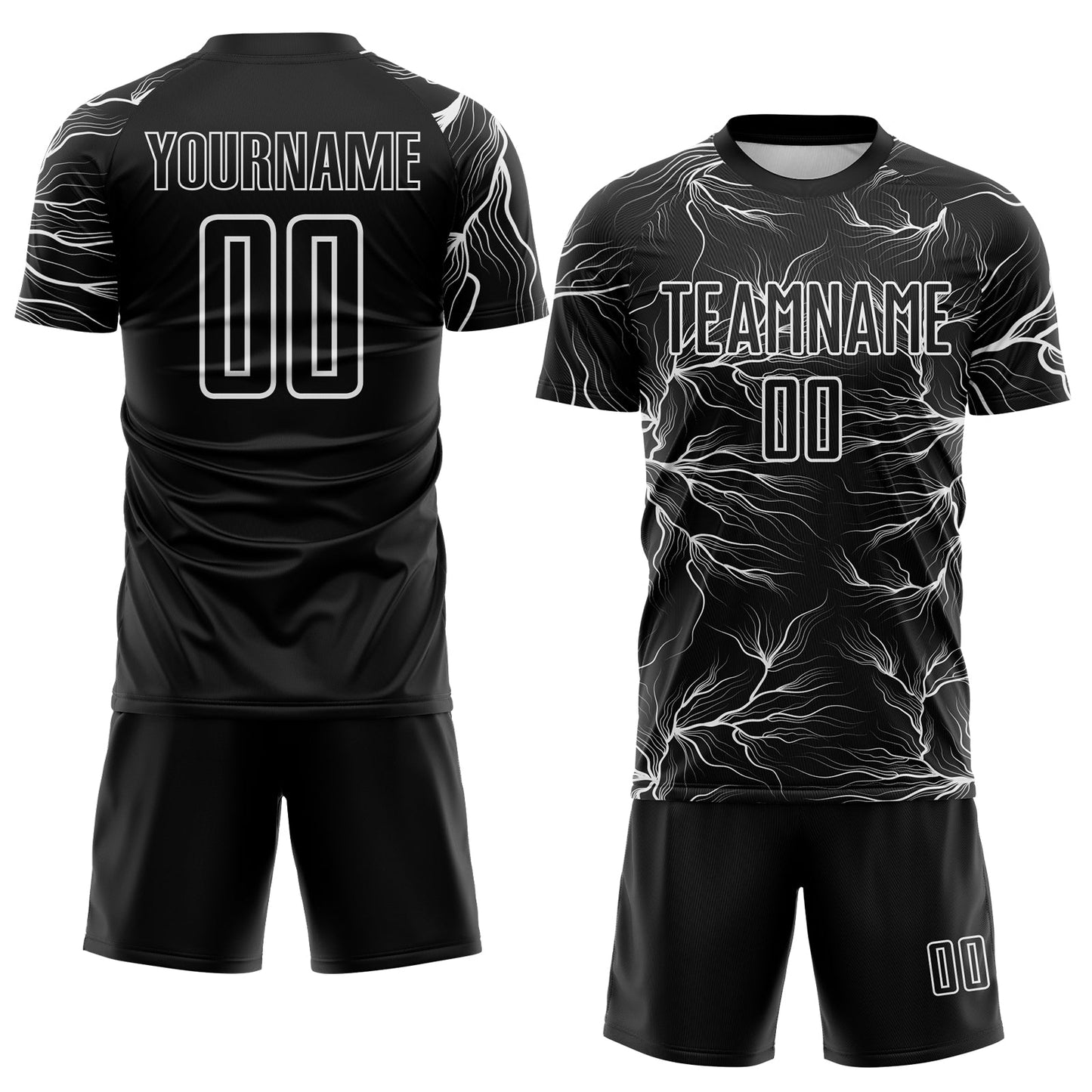 Custom Black White Lightning Electric Veins Sublimation Soccer Uniform Jersey view 2