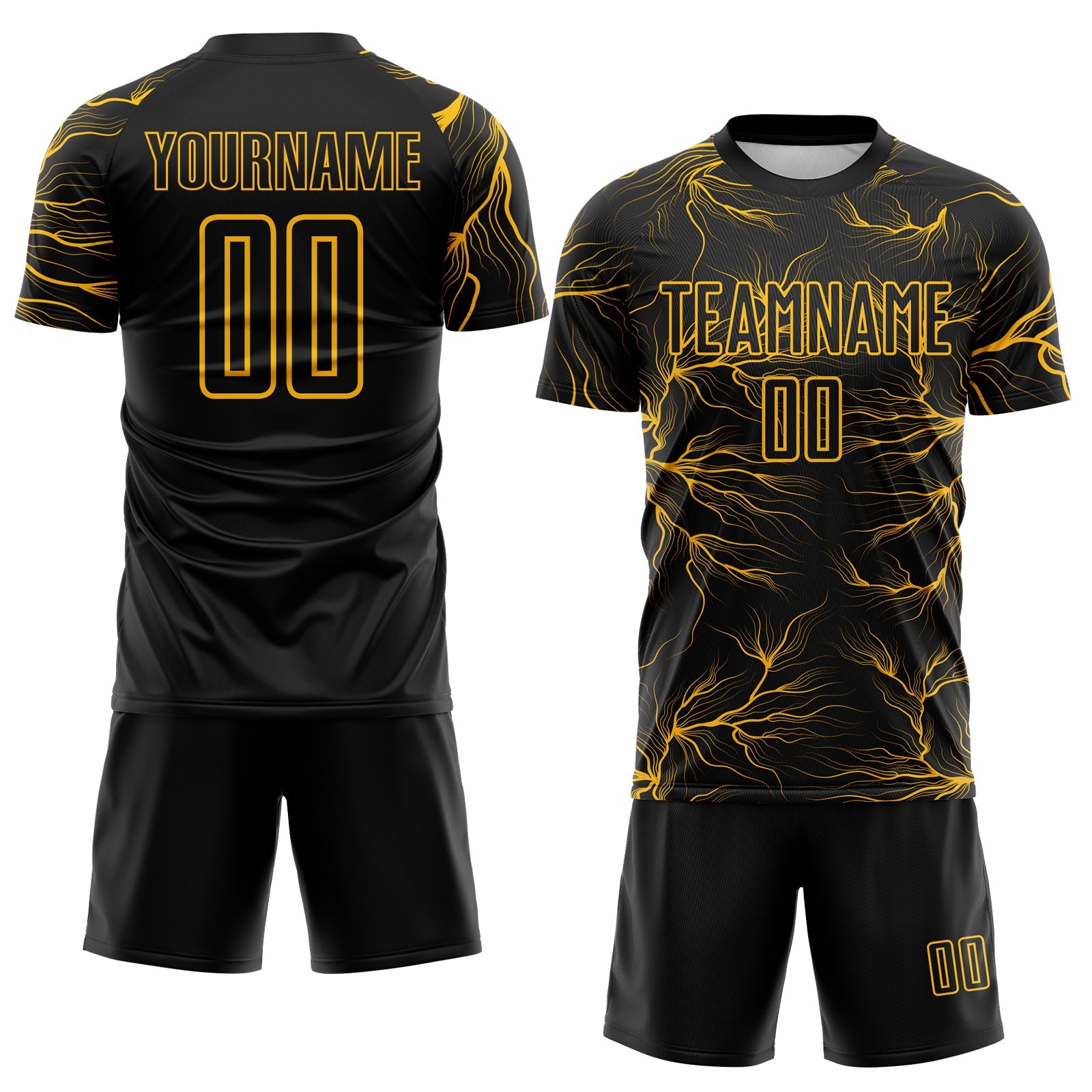 Custom Black Gold Lightning Electric Veins Sublimation Soccer Uniform Jersey view 2