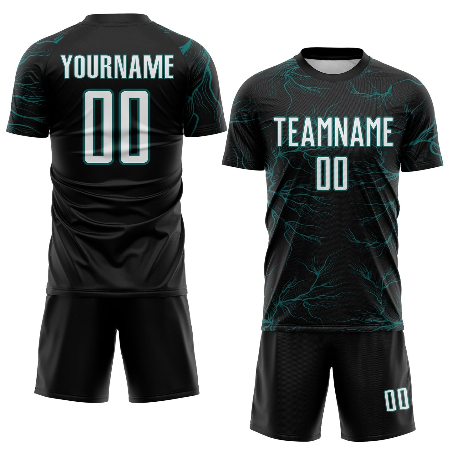 Custom Black White-Teal Lightning Electric Veins Sublimation Soccer Uniform Jersey view 2