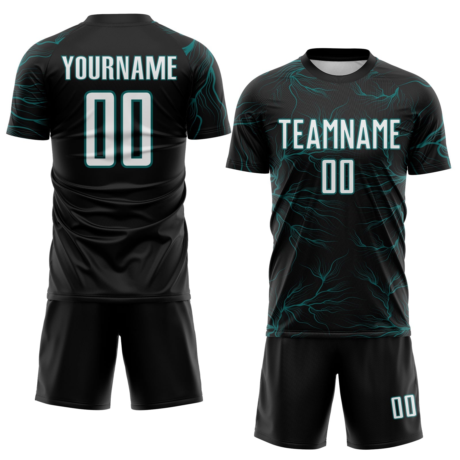 Custom Black White-Teal Lightning Electric Veins Sublimation Soccer Uniform Jersey view 2