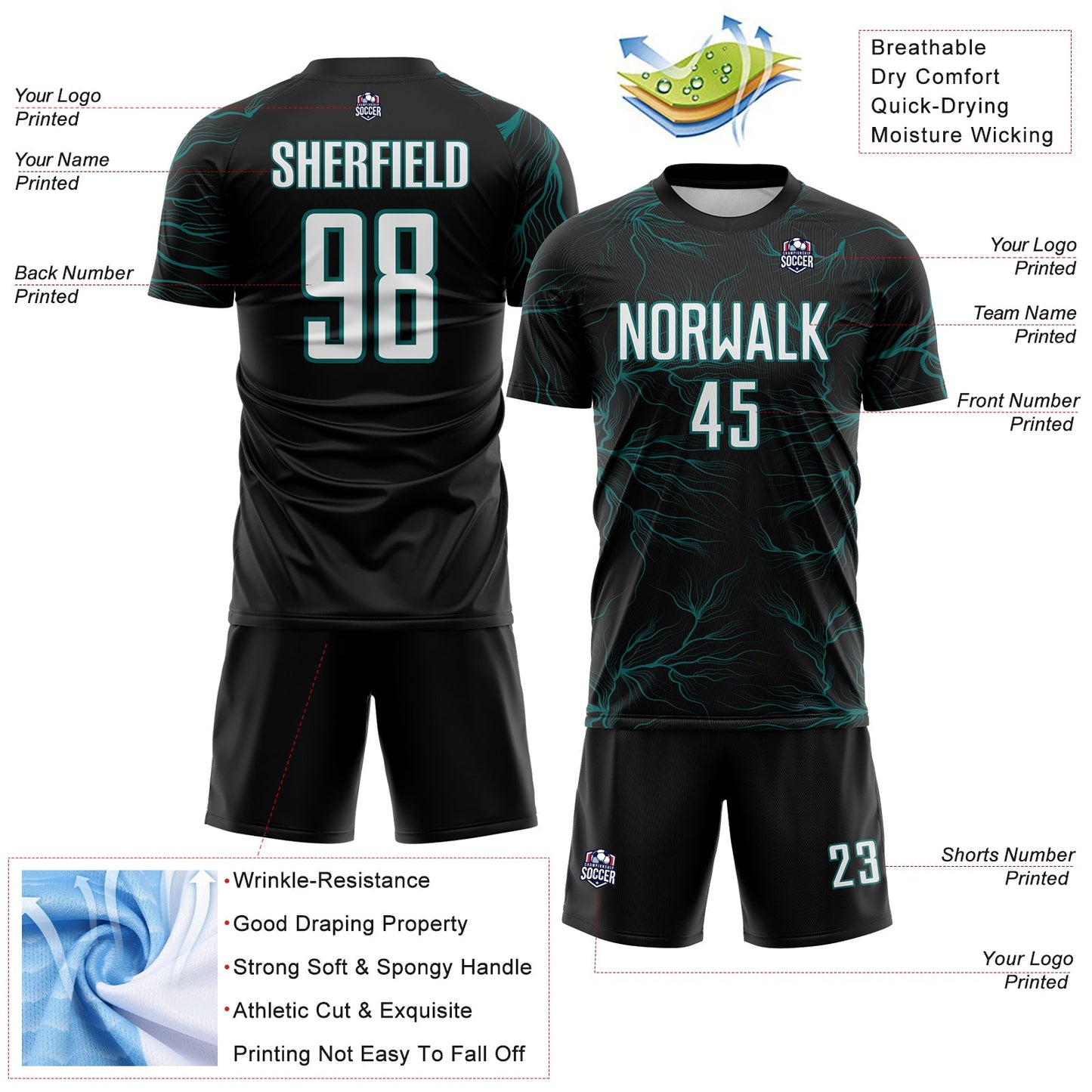 Custom Black White-Teal Lightning Electric Veins Sublimation Soccer Uniform Jersey view 4