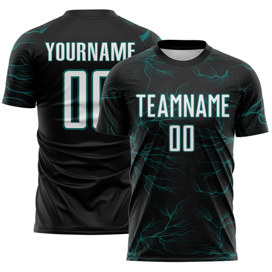 Custom Black White-Teal Lightning Electric Veins Sublimation Soccer Uniform Jersey - Main View