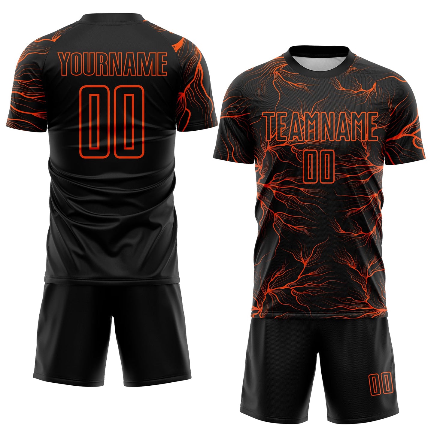 Custom Black Orange Lightning Electric Veins Sublimation Soccer Uniform Jersey view 2