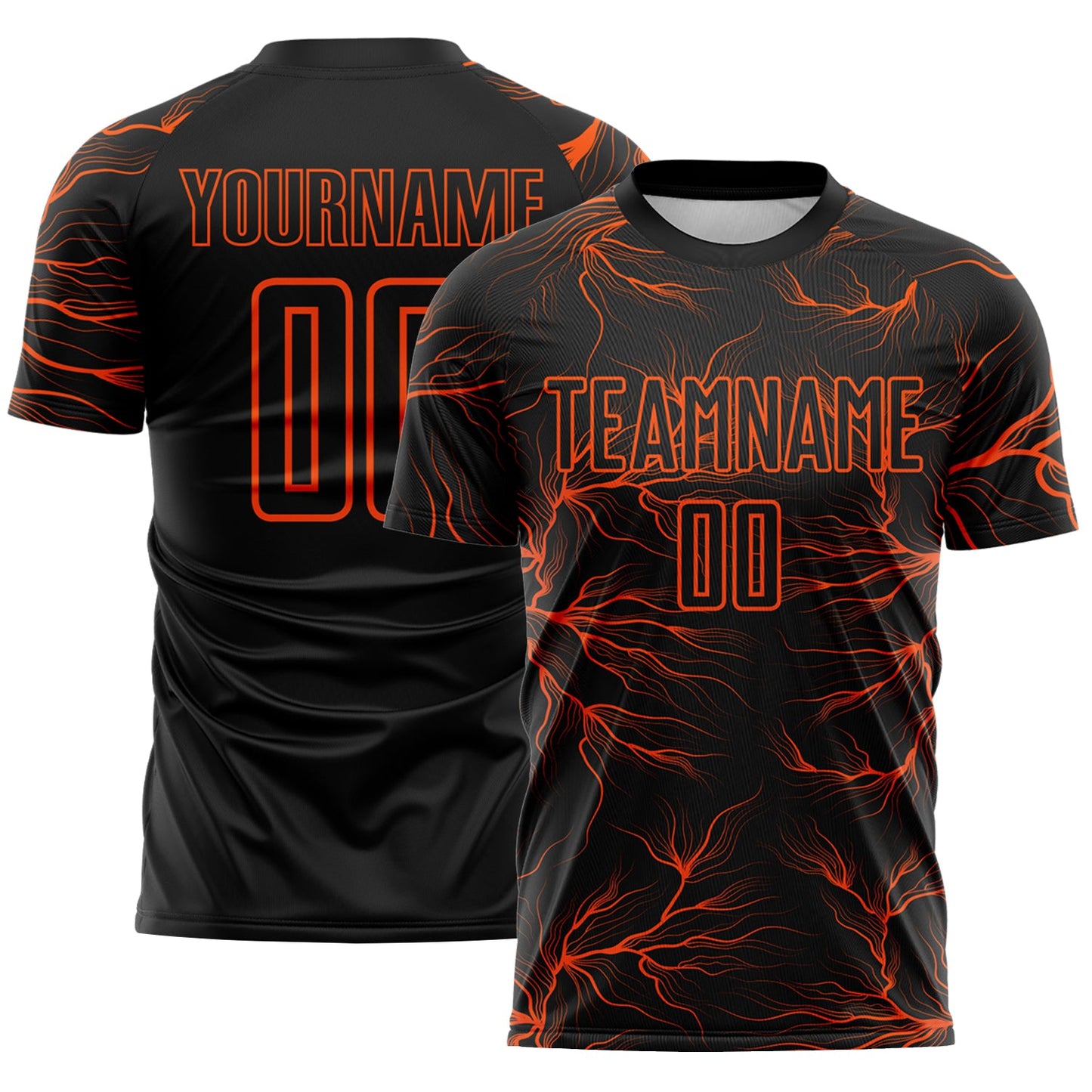 Custom Black Orange Lightning Electric Veins Sublimation Soccer Uniform Jersey - Main View