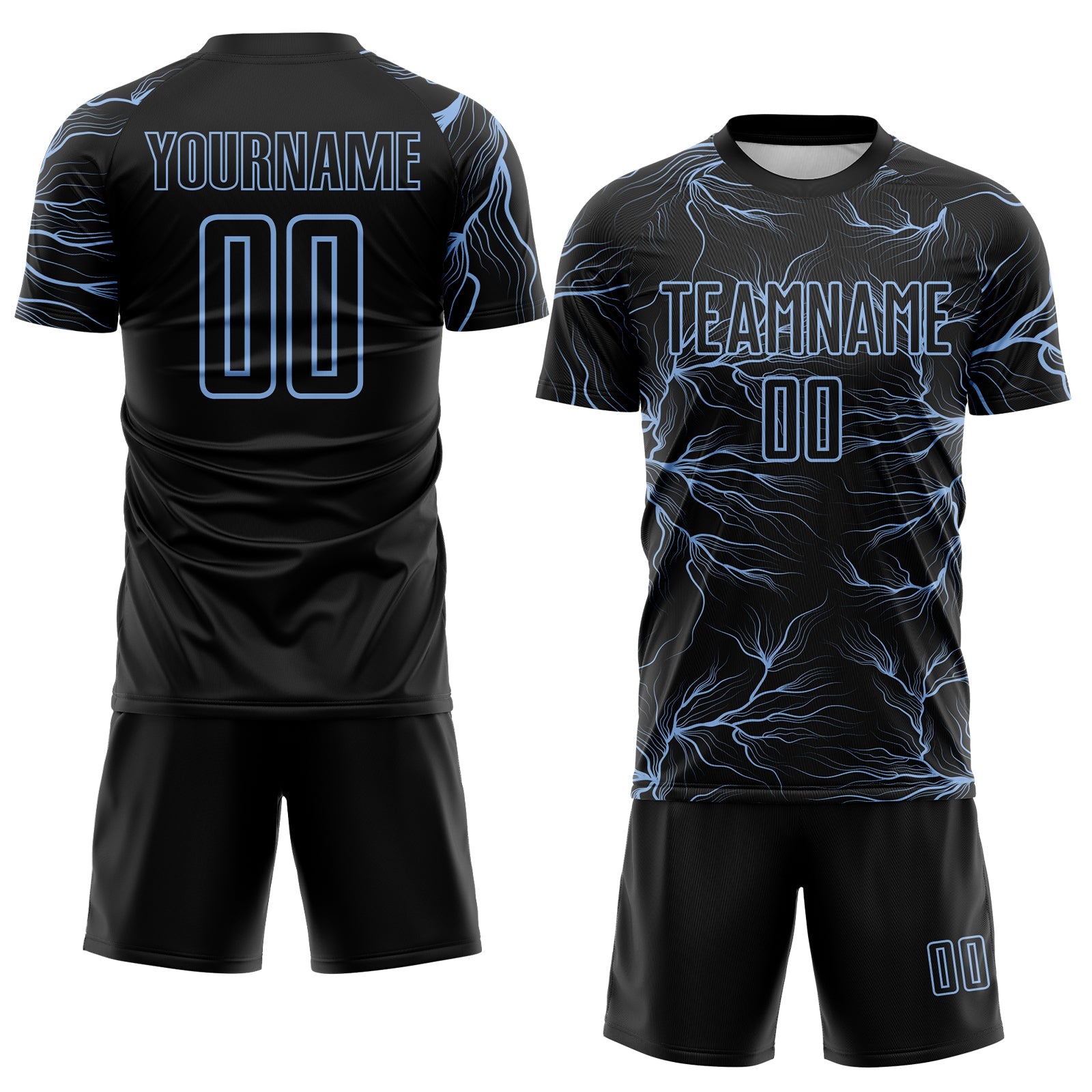 Custom Black Light Blue Lightning Electric Veins Sublimation Soccer Uniform Jersey view 2