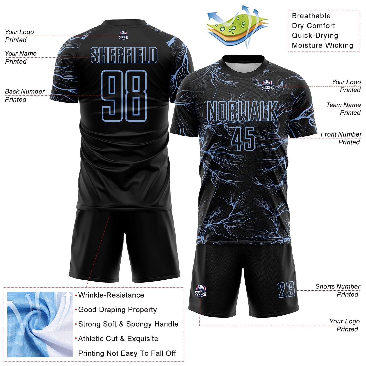 Custom Black Light Blue Lightning Electric Veins Sublimation Soccer Uniform Jersey view 4