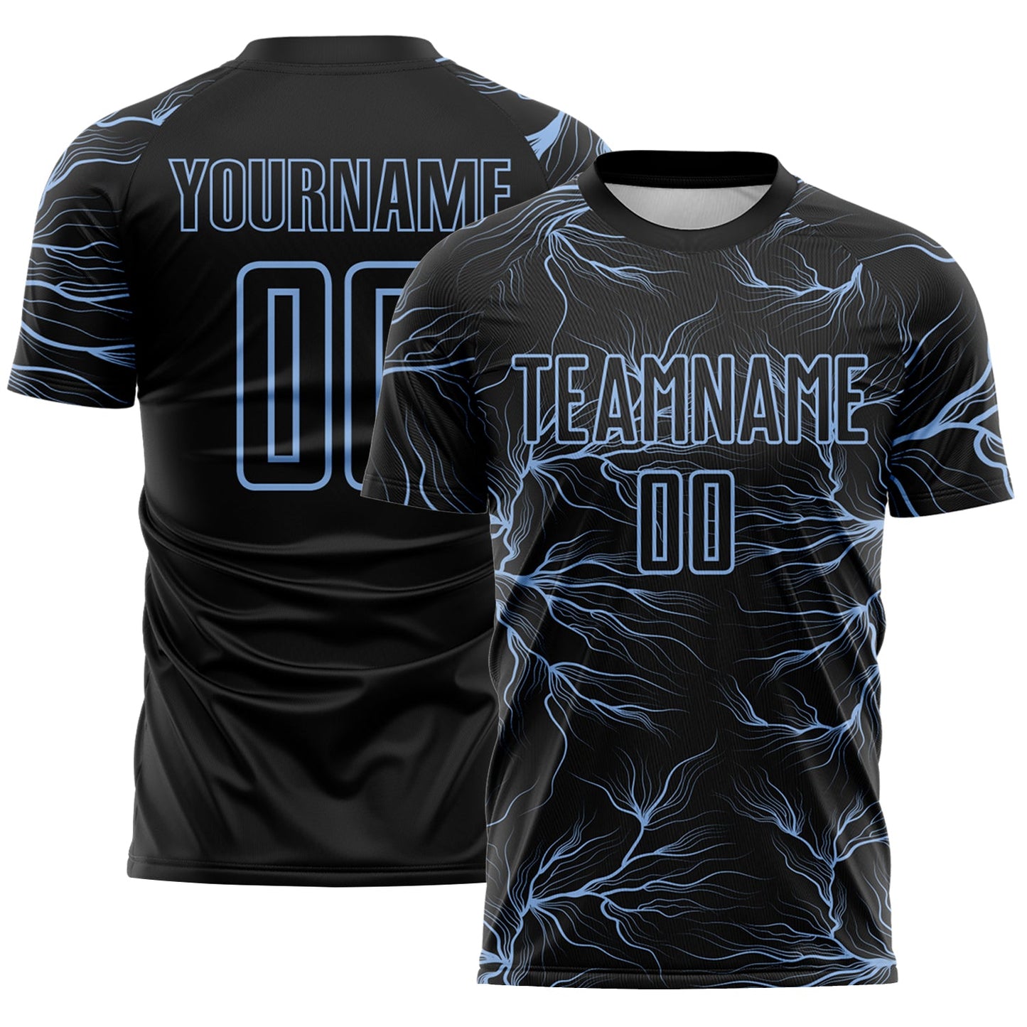 Custom Black Light Blue Lightning Electric Veins Sublimation Soccer Uniform Jersey - Main View