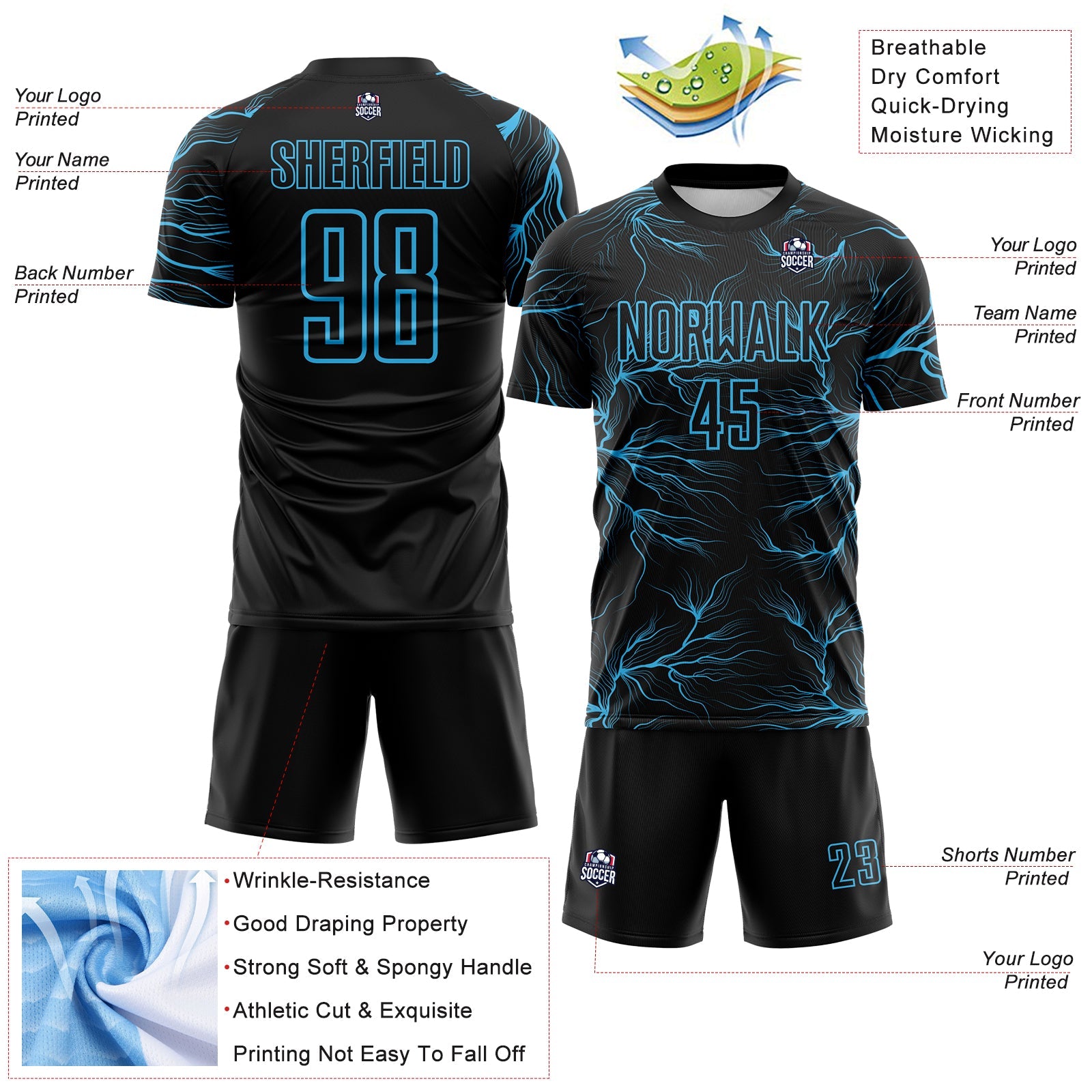 Custom Black Sky Blue Lightning Electric Veins Sublimation Soccer Uniform Jersey view 4