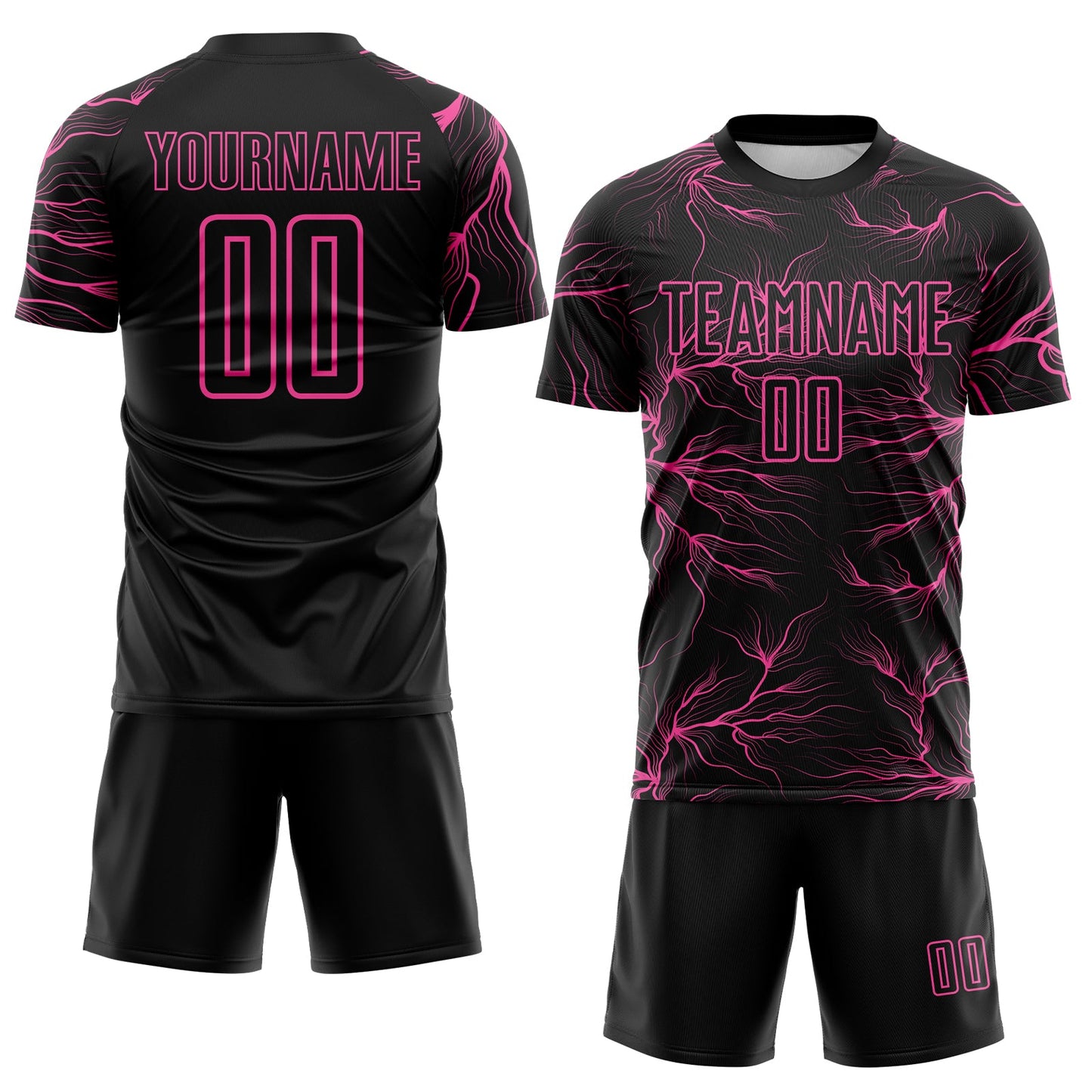 Custom Black Pink Lightning Electric Veins Sublimation Soccer Uniform Jersey view 2