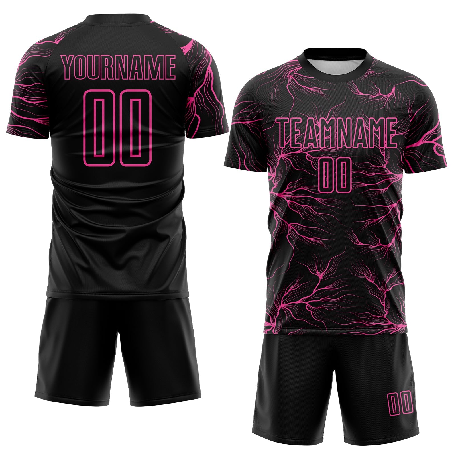 Custom Black Pink Lightning Electric Veins Sublimation Soccer Uniform Jersey view 2