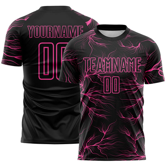 Custom Black Pink Lightning Electric Veins Sublimation Soccer Uniform Jersey - Main View