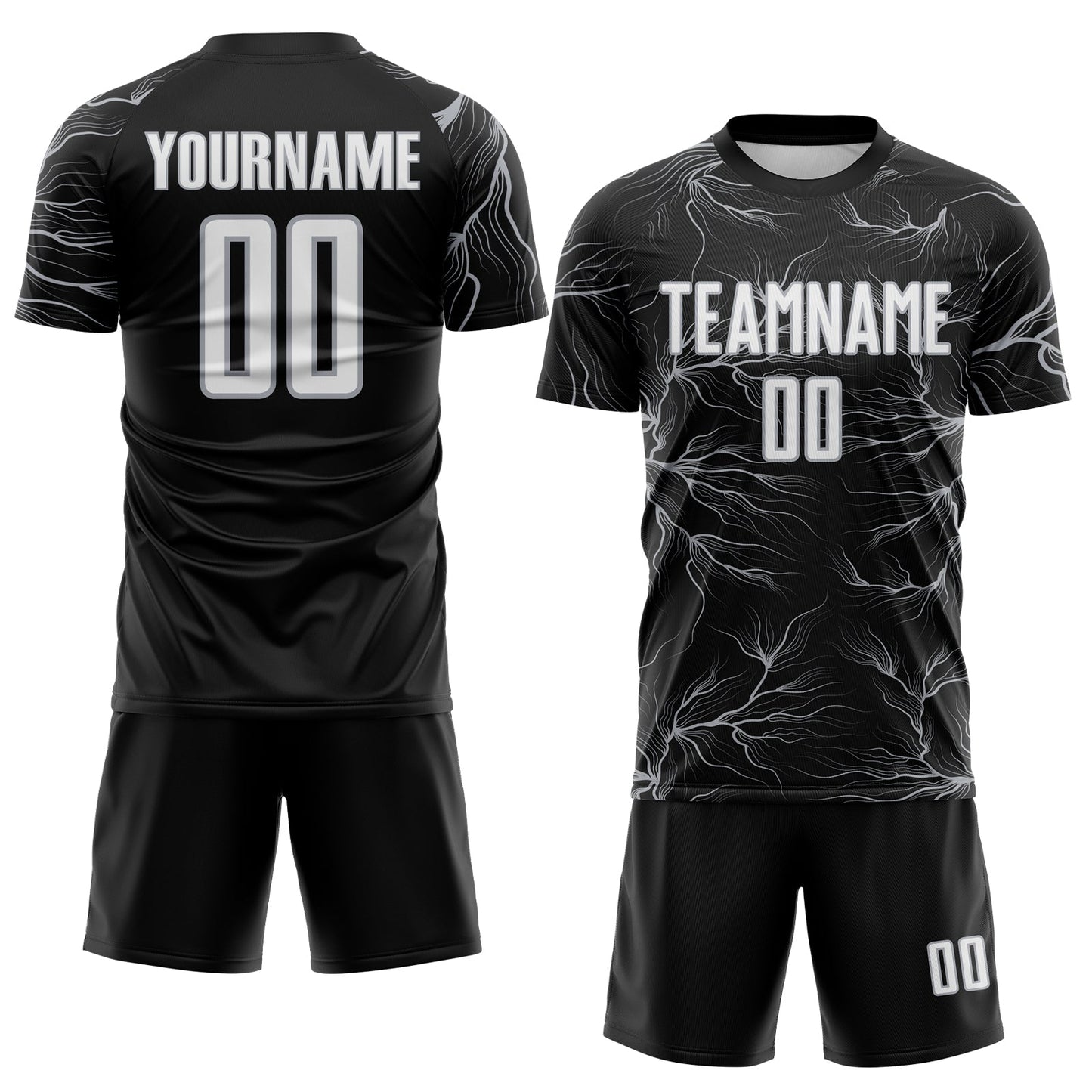 Custom Black White-Gray Lightning Electric Veins Sublimation Soccer Uniform Jersey view 2