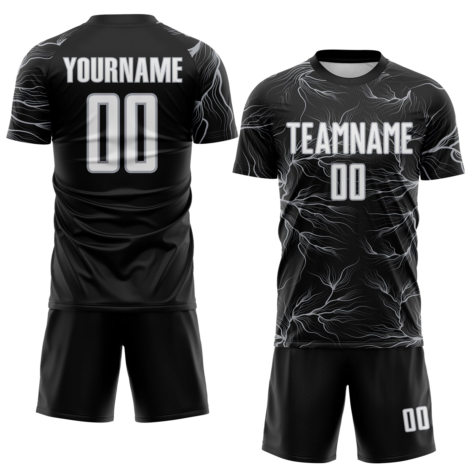 Custom Black White-Gray Lightning Electric Veins Sublimation Soccer Uniform Jersey view 2
