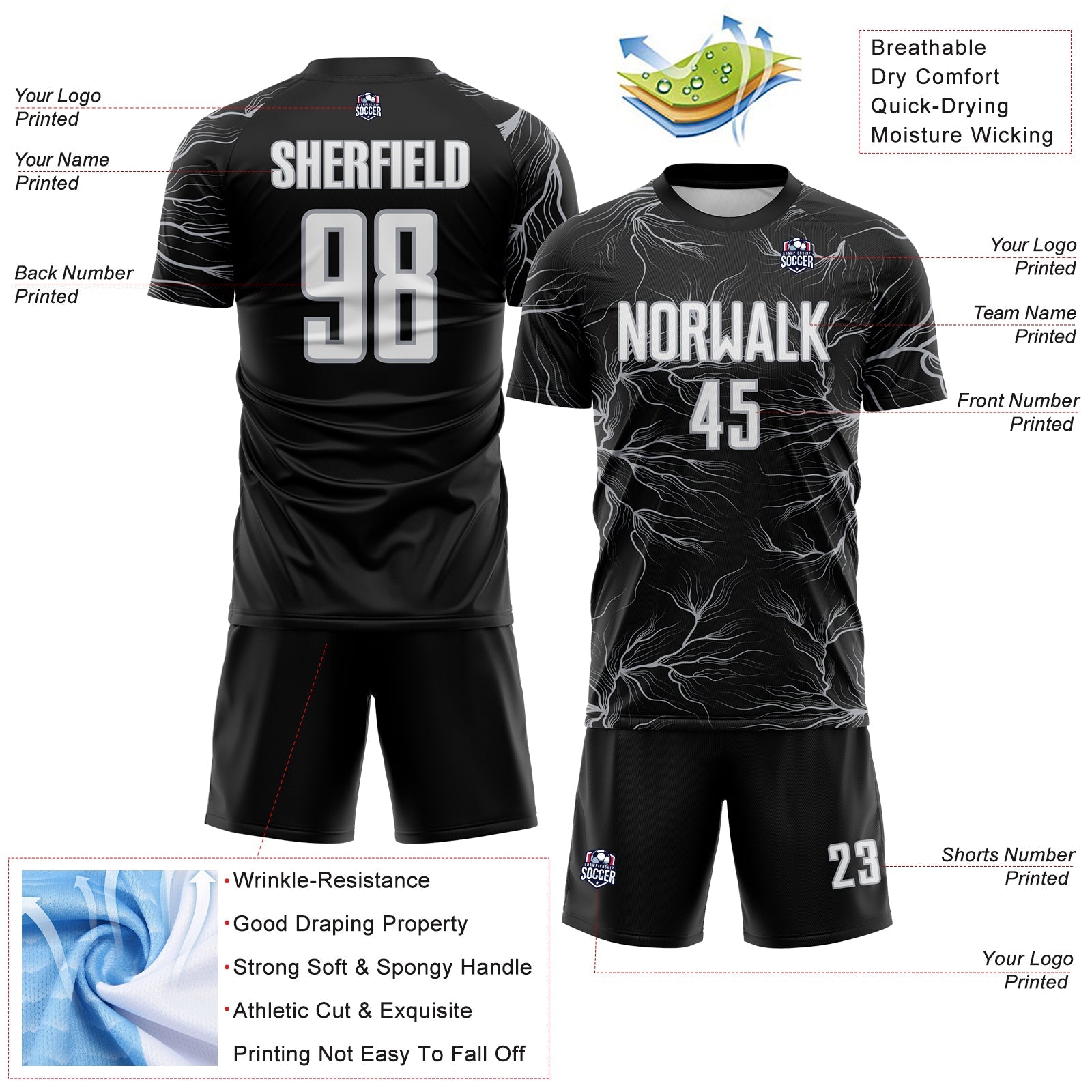 Custom Black White-Gray Lightning Electric Veins Sublimation Soccer Uniform Jersey view 4