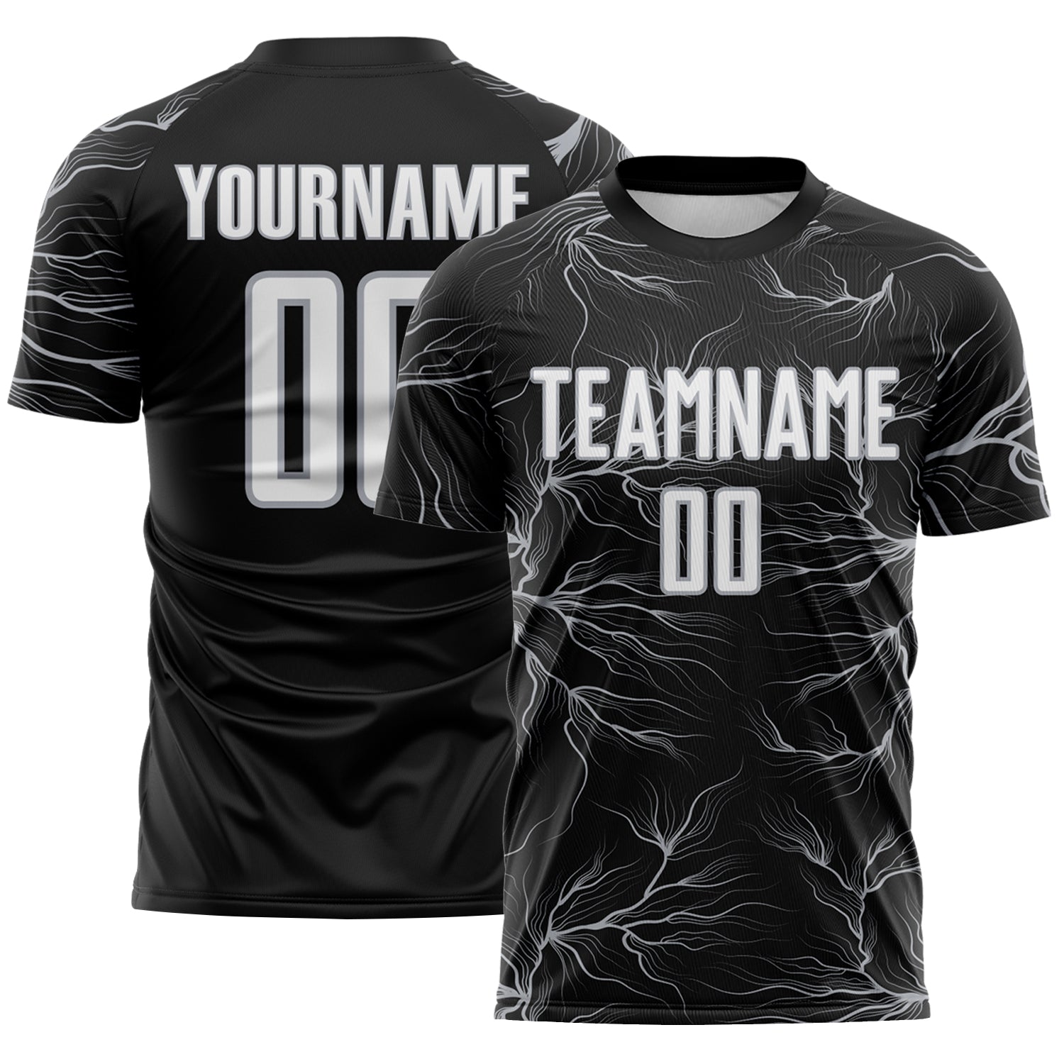 Custom Black White-Gray Lightning Electric Veins Sublimation Soccer Uniform Jersey - Main View