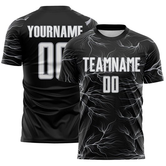 Custom Black White-Gray Lightning Electric Veins Sublimation Soccer Uniform Jersey - Main View