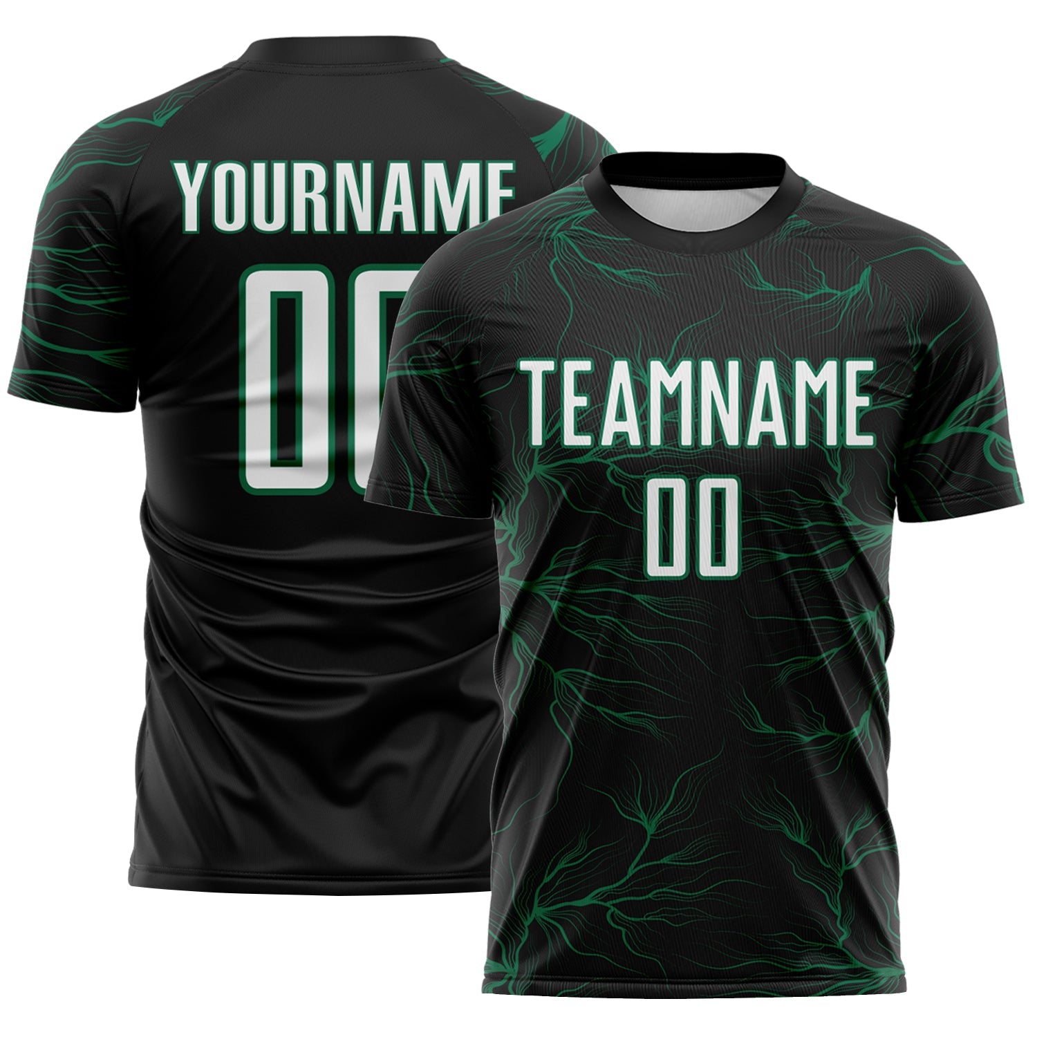 Custom Black White-Kelly Green Lightning Electric Veins Sublimation Soccer Uniform Jersey - Main View