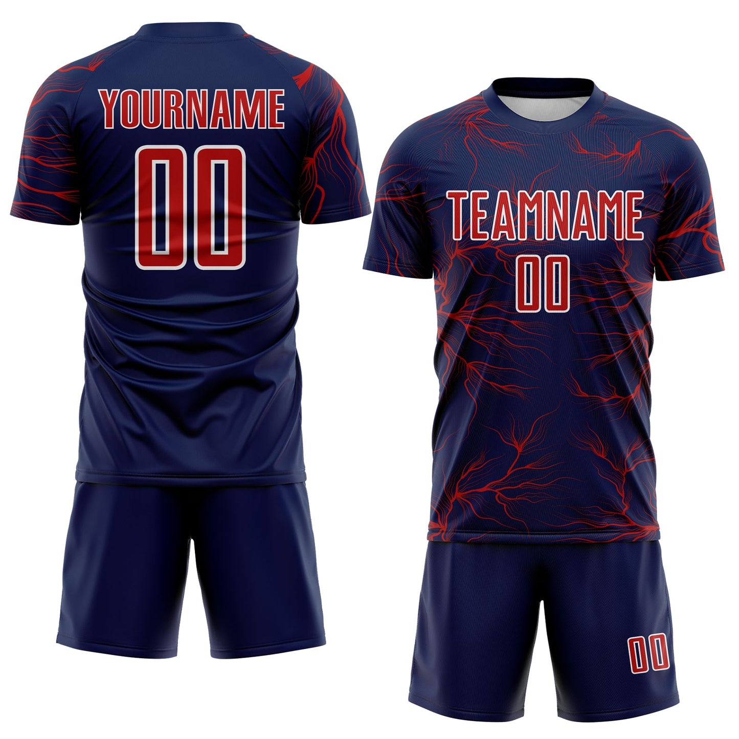 Custom Navy Red-White Lightning Electric Veins Sublimation Soccer Uniform Jersey view 2