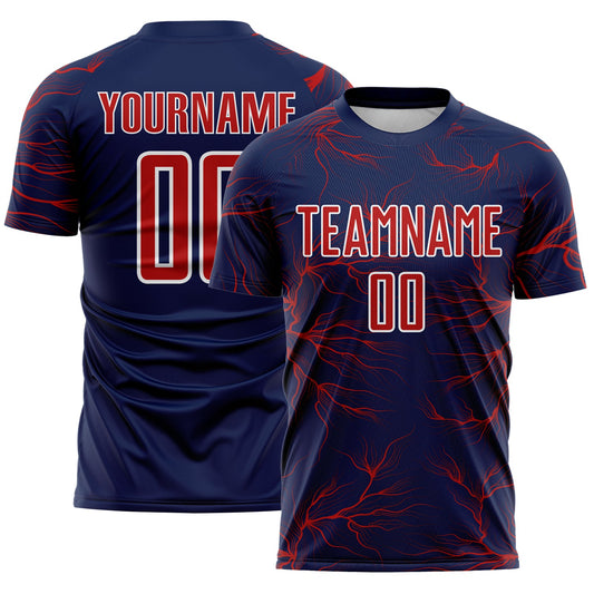 Custom Navy Red-White Lightning Electric Veins Sublimation Soccer Uniform Jersey - Main View