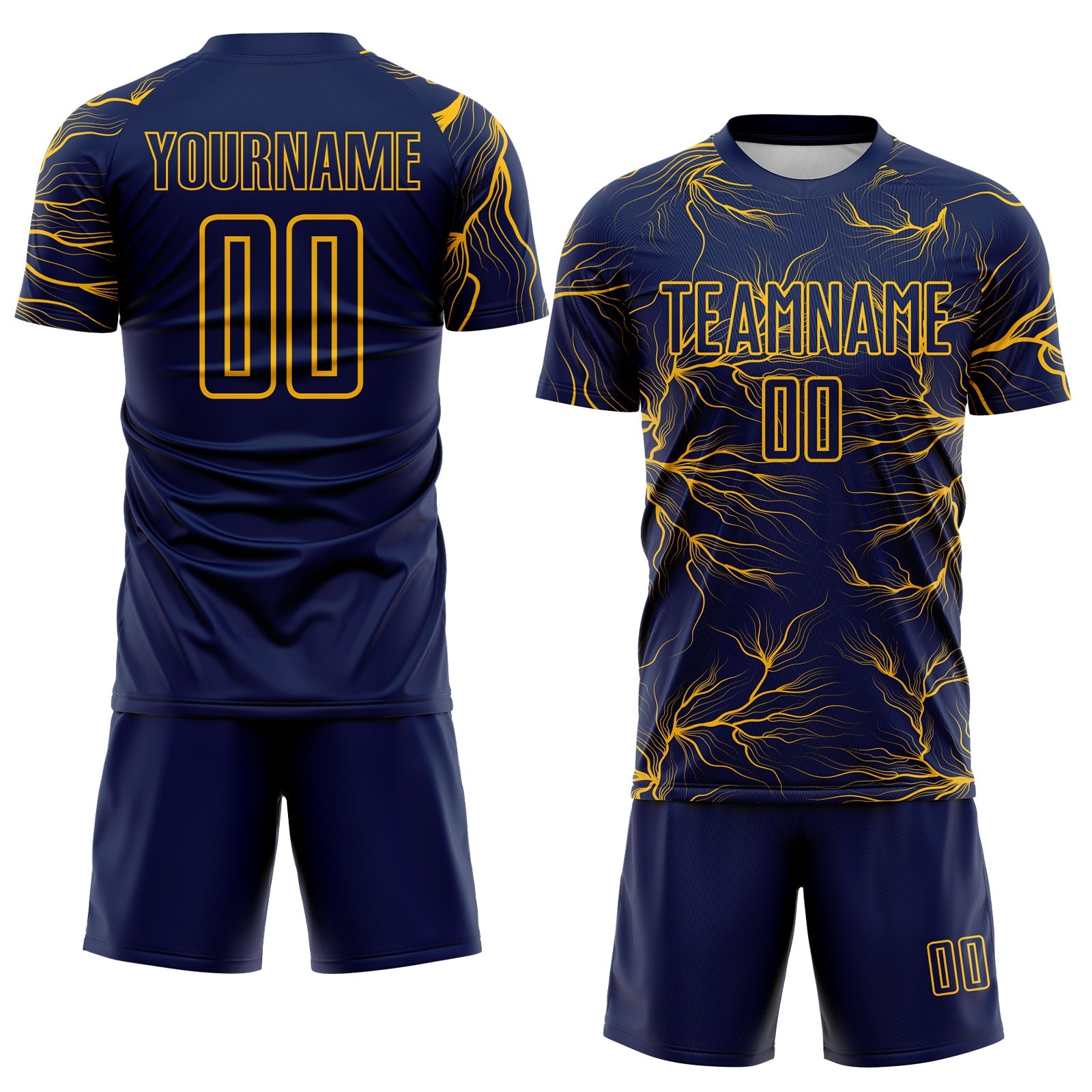 Custom Navy Gold Lightning Electric Veins Sublimation Soccer Uniform Jersey view 2