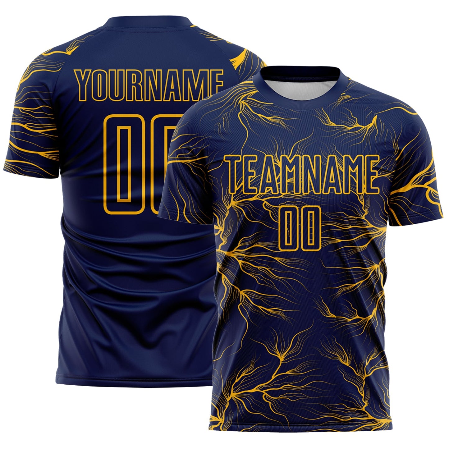 Custom Navy Gold Lightning Electric Veins Sublimation Soccer Uniform Jersey - Main View