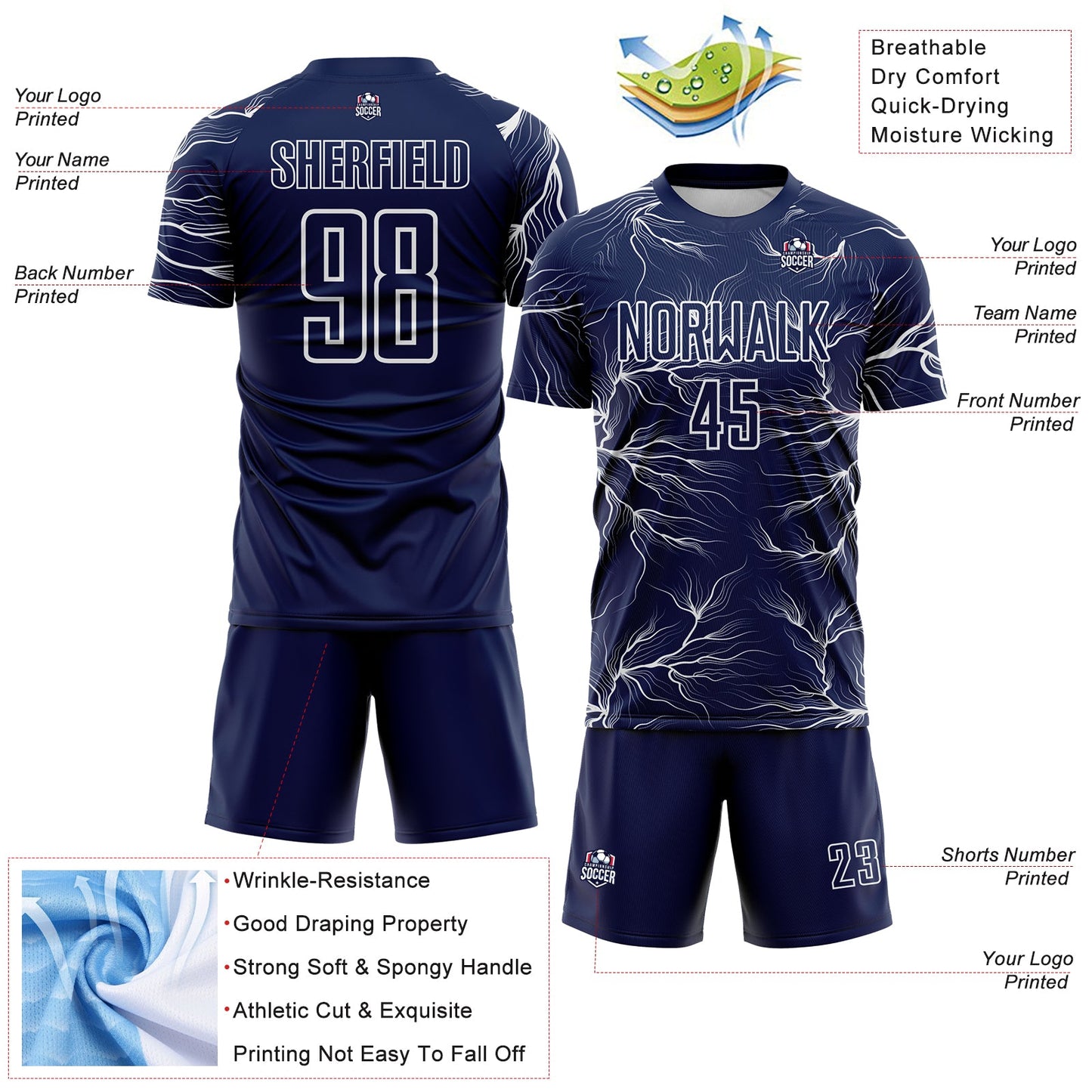 Custom Navy White Lightning Electric Veins Sublimation Soccer Uniform Jersey view 4