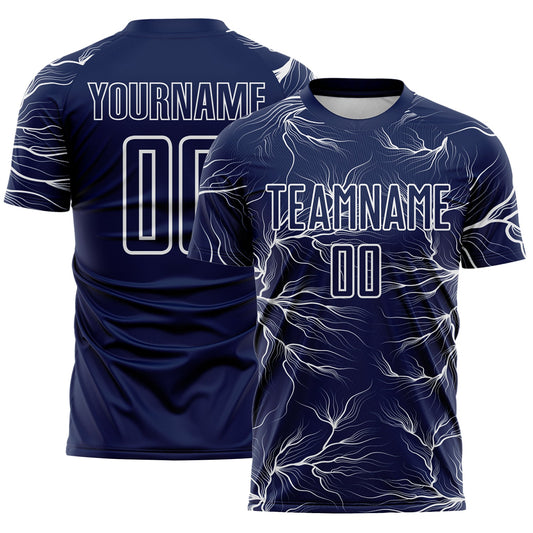 Custom Navy White Lightning Electric Veins Sublimation Soccer Uniform Jersey - Main View