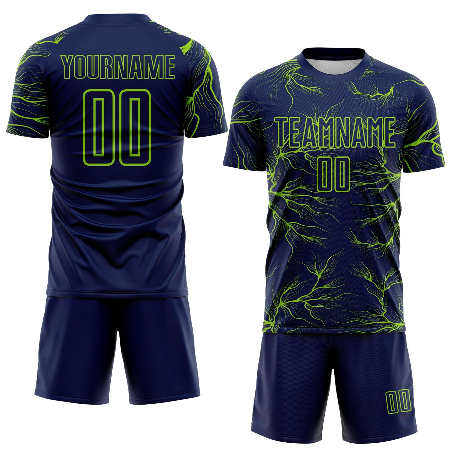 Custom Navy Neon Green Lightning Electric Veins Sublimation Soccer Uniform Jersey view 2