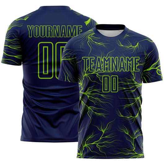 Custom Navy Neon Green Lightning Electric Veins Sublimation Soccer Uniform Jersey - Main View