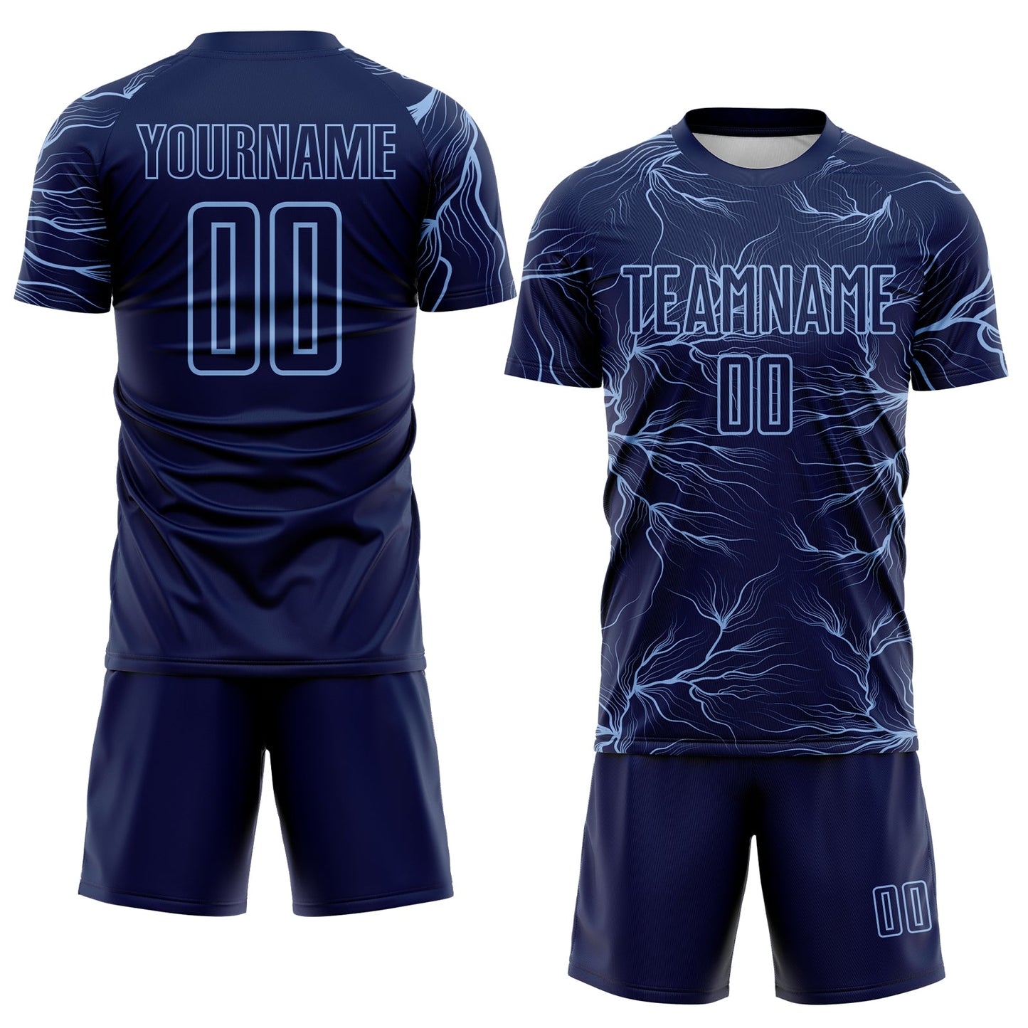 Custom Navy Light Blue Lightning Electric Veins Sublimation Soccer Uniform Jersey view 2