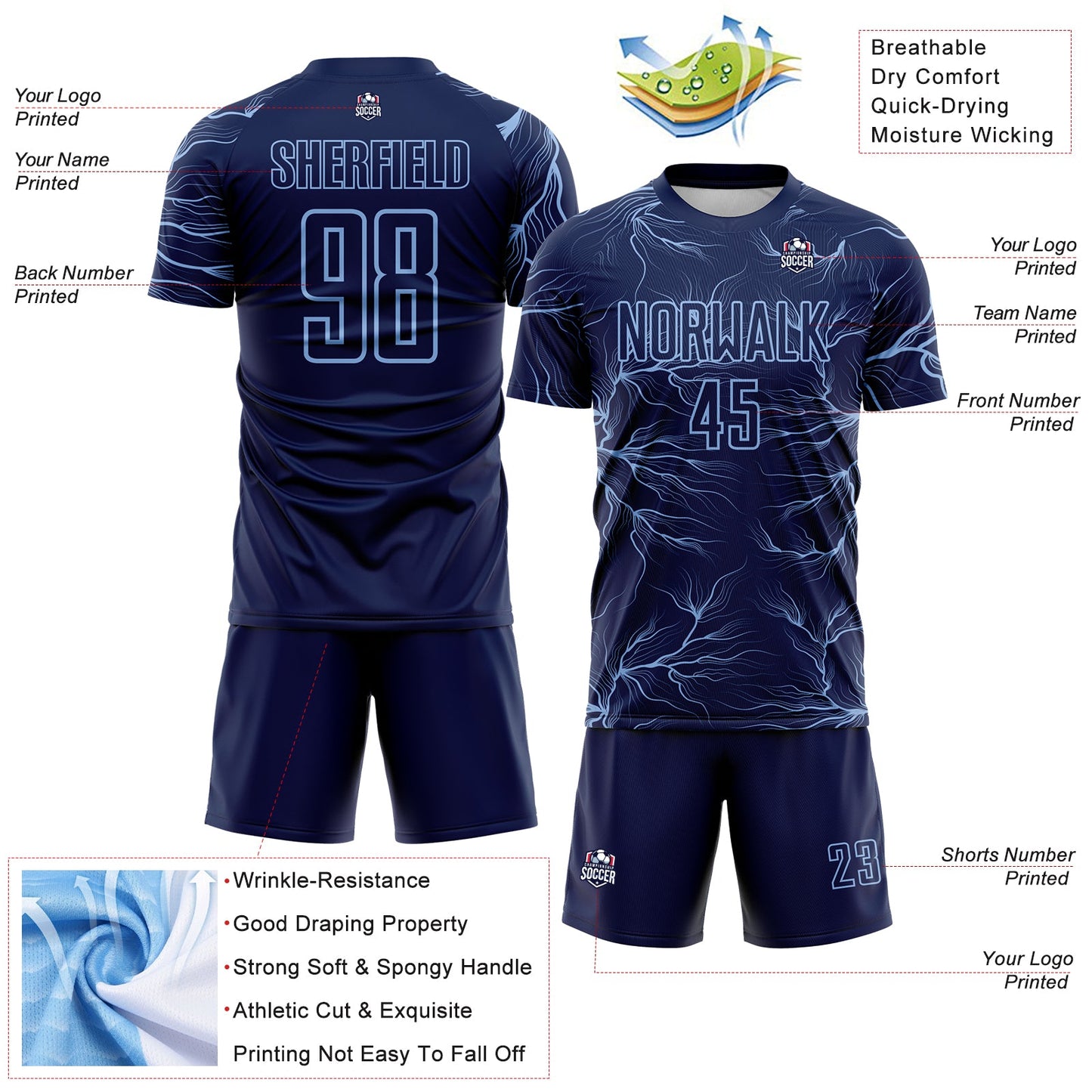Custom Navy Light Blue Lightning Electric Veins Sublimation Soccer Uniform Jersey view 4