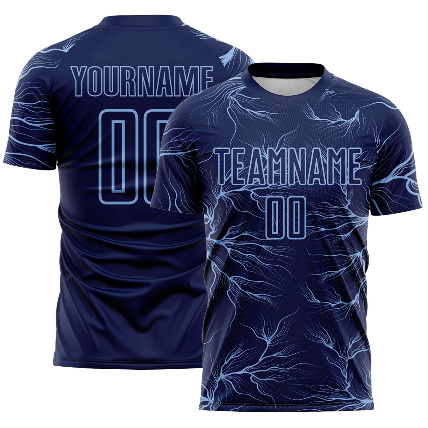 Custom Navy Light Blue Lightning Electric Veins Sublimation Soccer Uniform Jersey - Main View
