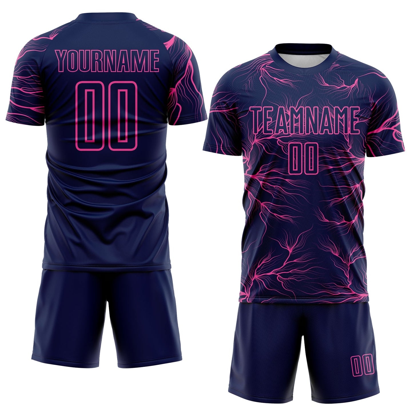 Custom Navy Pink Lightning Electric Veins Sublimation Soccer Uniform Jersey view 2