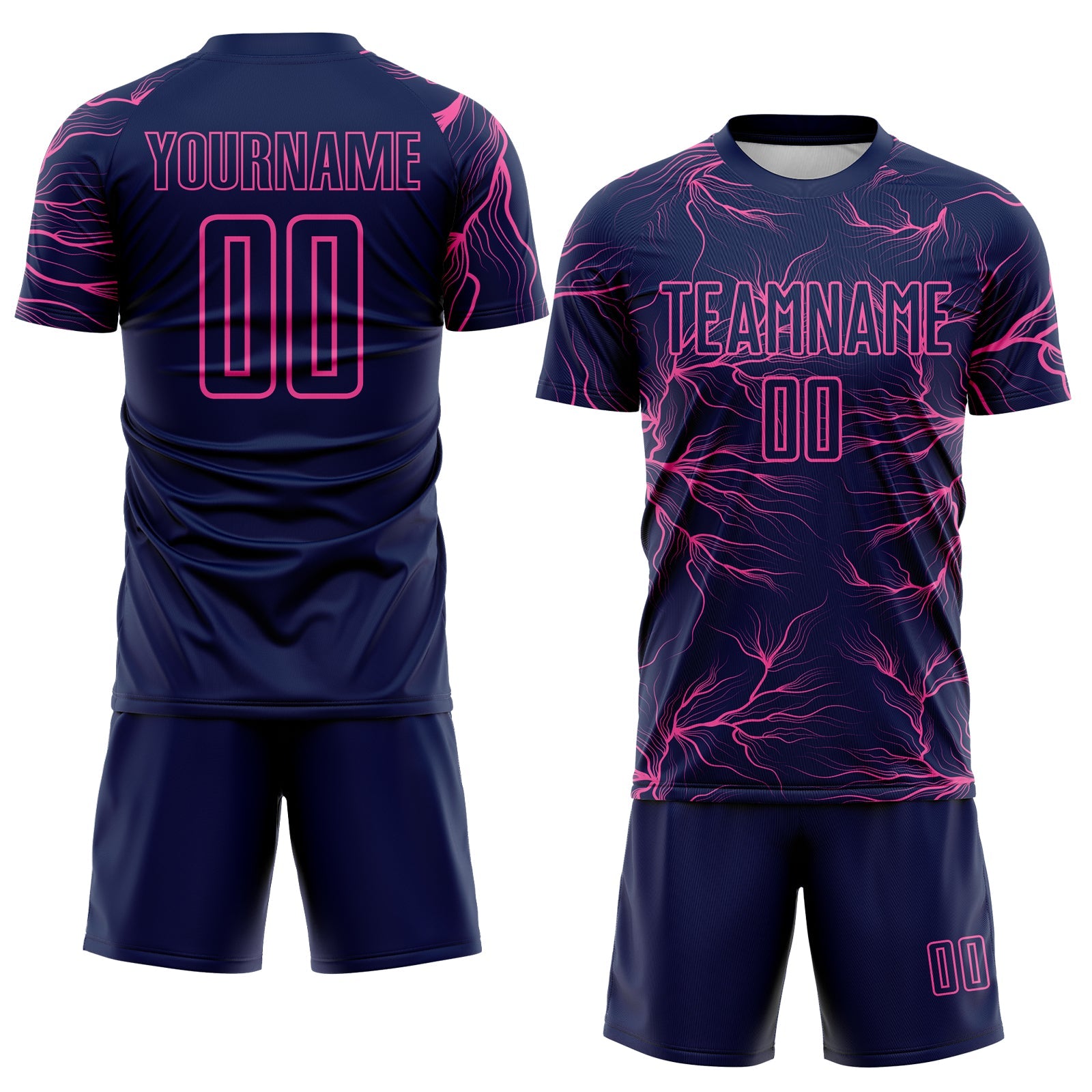 Custom Navy Pink Lightning Electric Veins Sublimation Soccer Uniform Jersey view 2