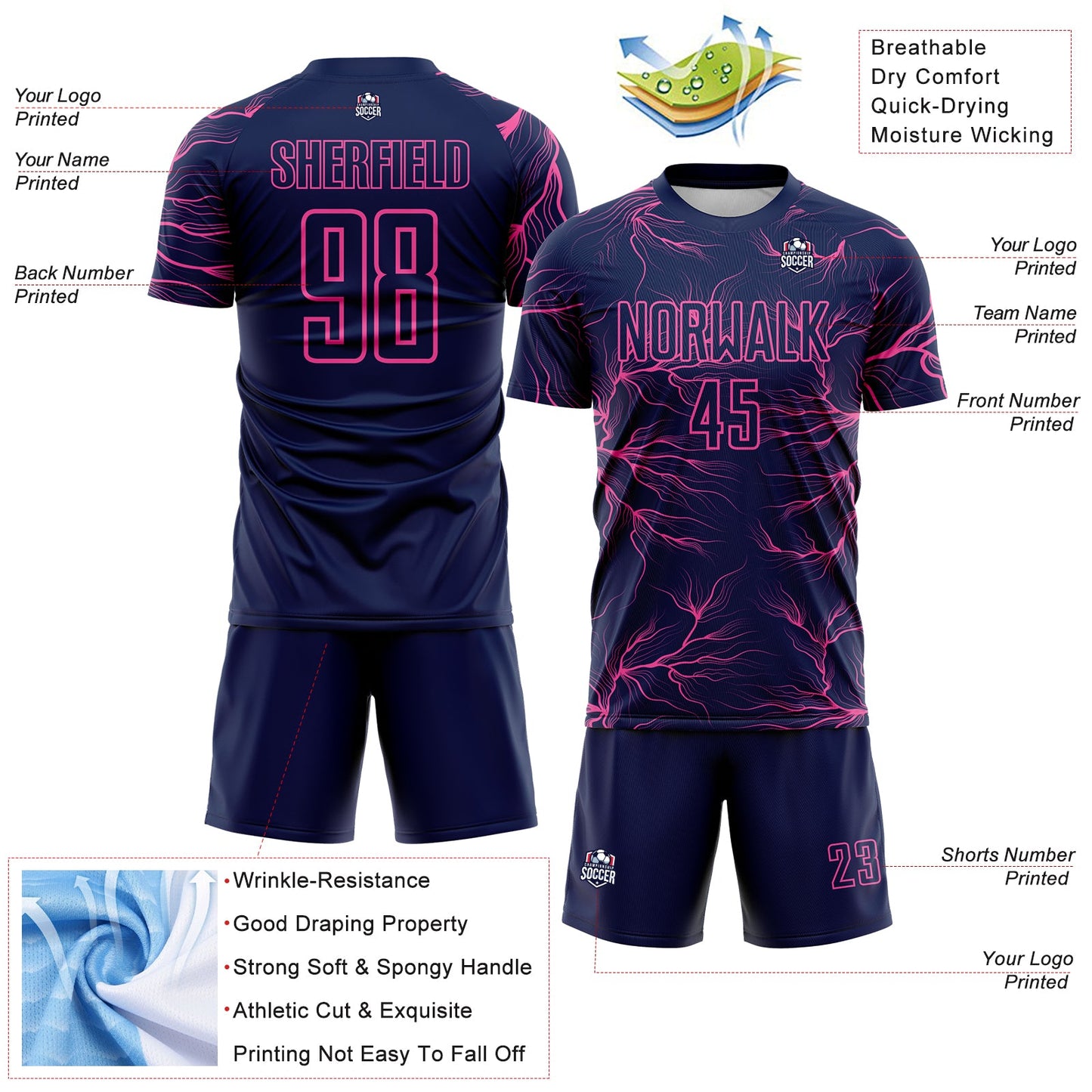 Custom Navy Pink Lightning Electric Veins Sublimation Soccer Uniform Jersey view 4