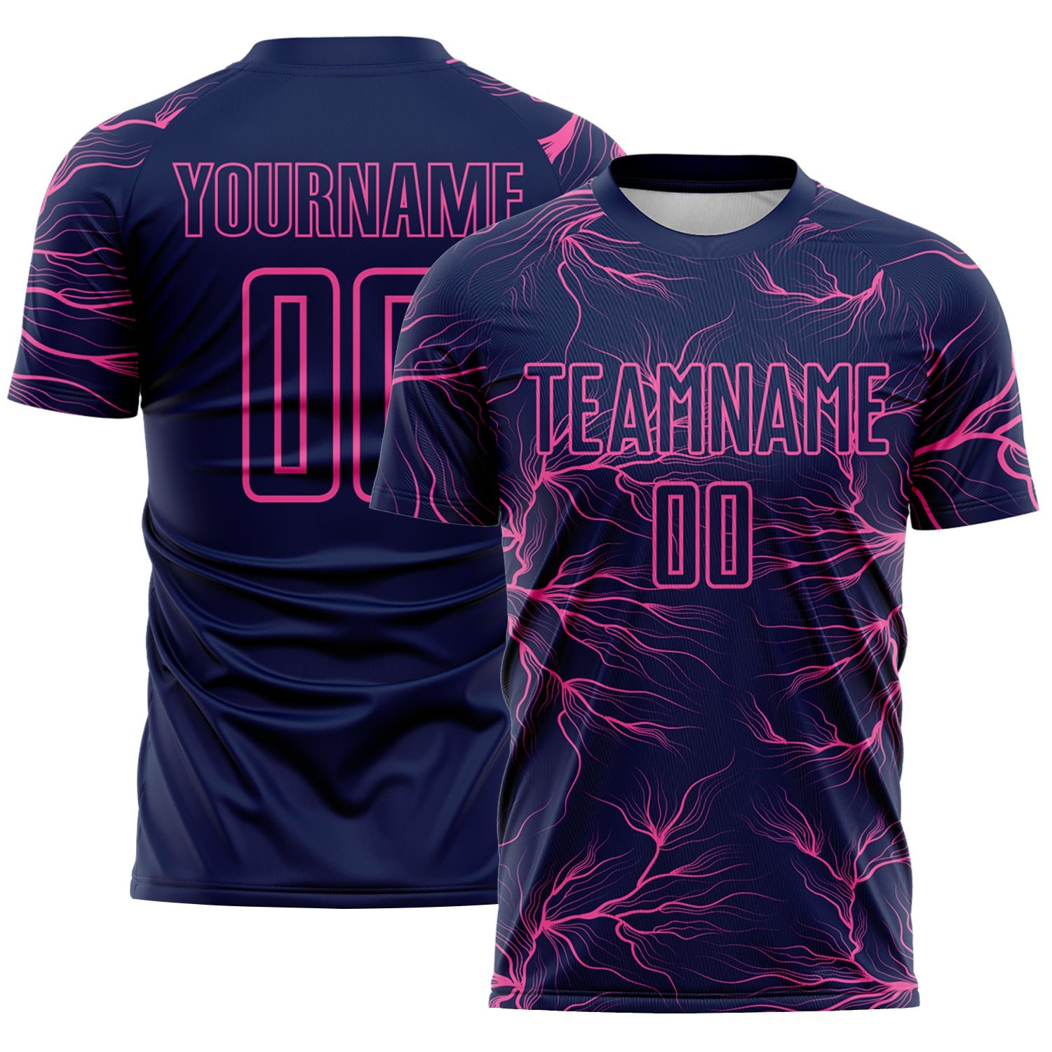 Custom Navy Pink Lightning Electric Veins Sublimation Soccer Uniform Jersey - Main View