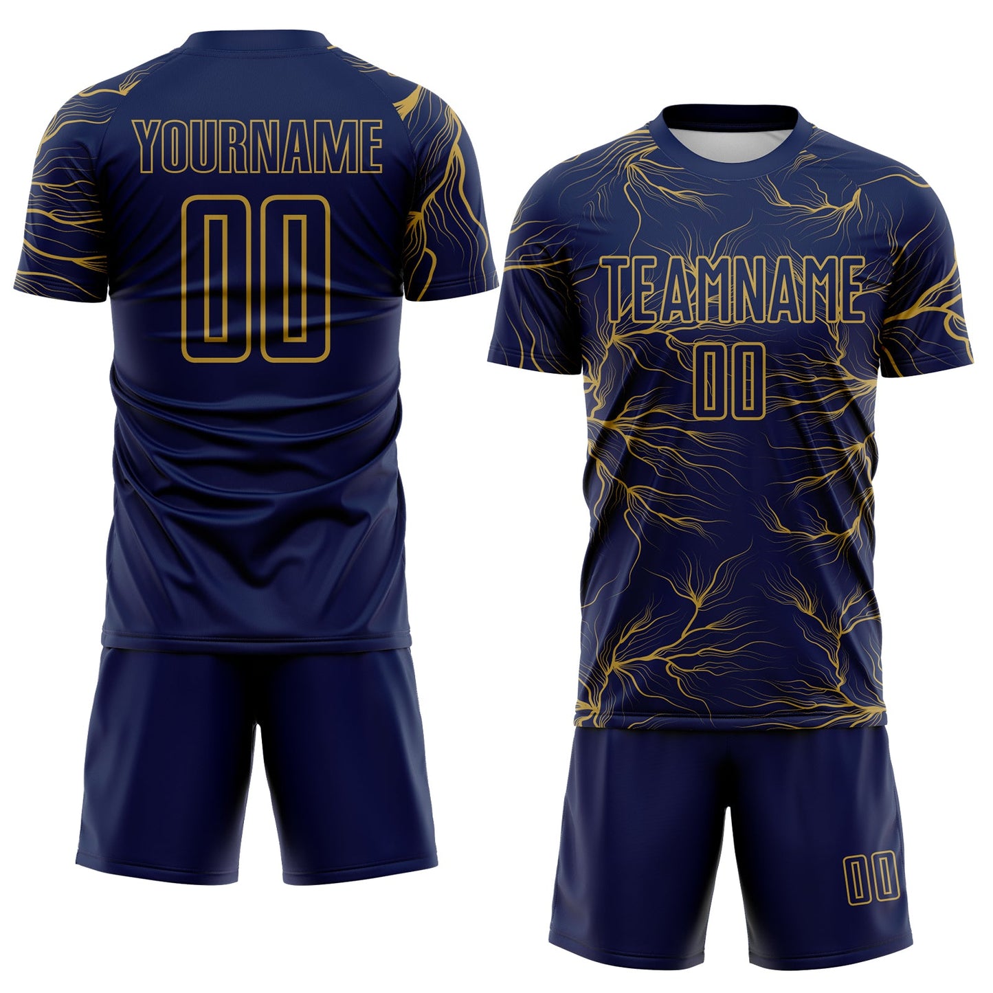 Custom Navy Old Gold Lightning Electric Veins Sublimation Soccer Uniform Jersey view 2