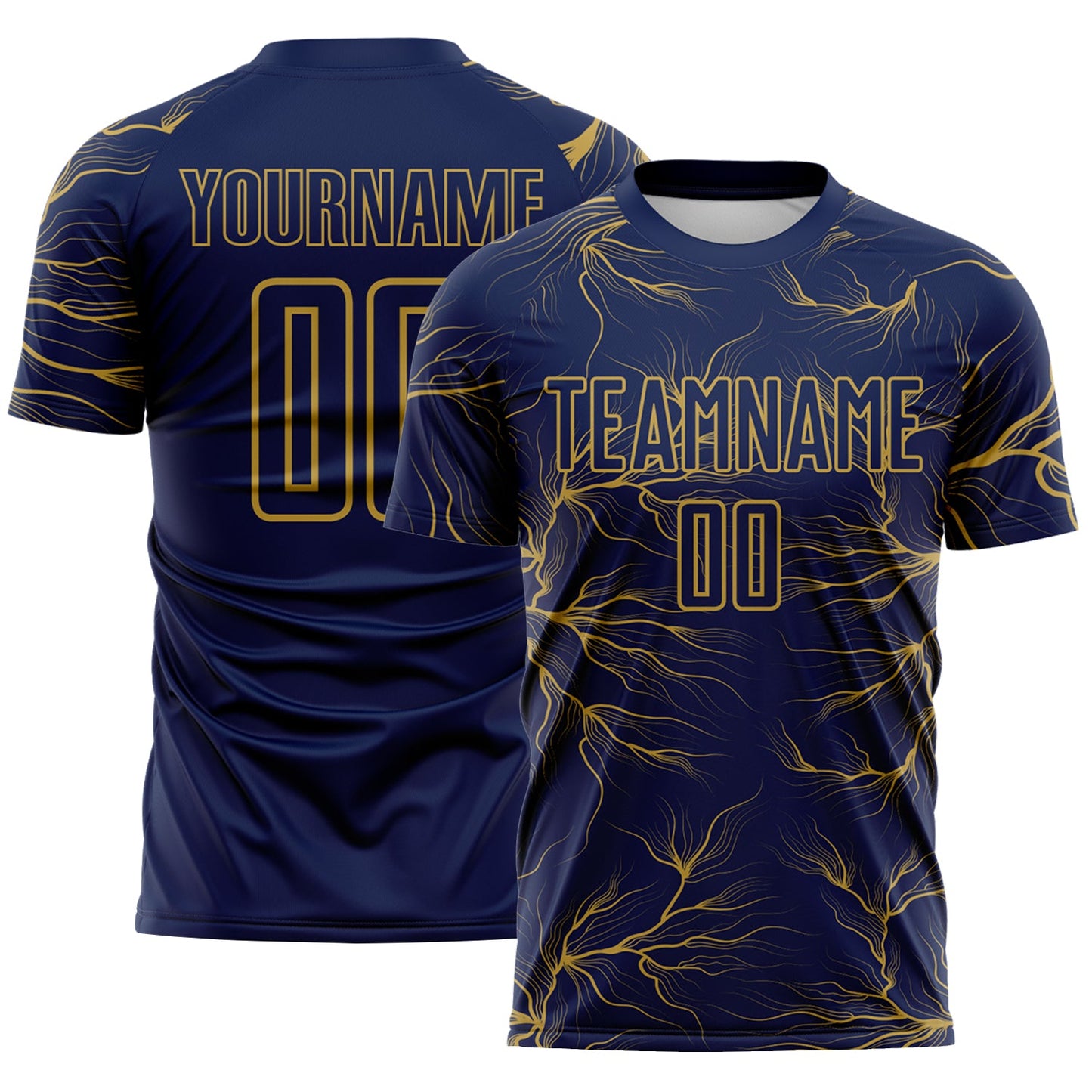 Custom Navy Old Gold Lightning Electric Veins Sublimation Soccer Uniform Jersey - Main View