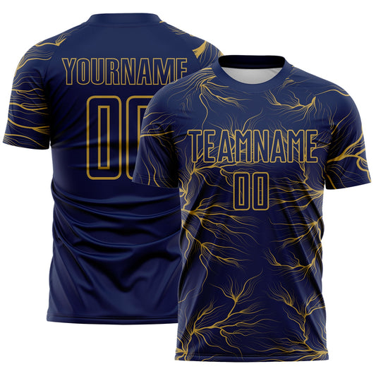 Custom Navy Old Gold Lightning Electric Veins Sublimation Soccer Uniform Jersey - Main View