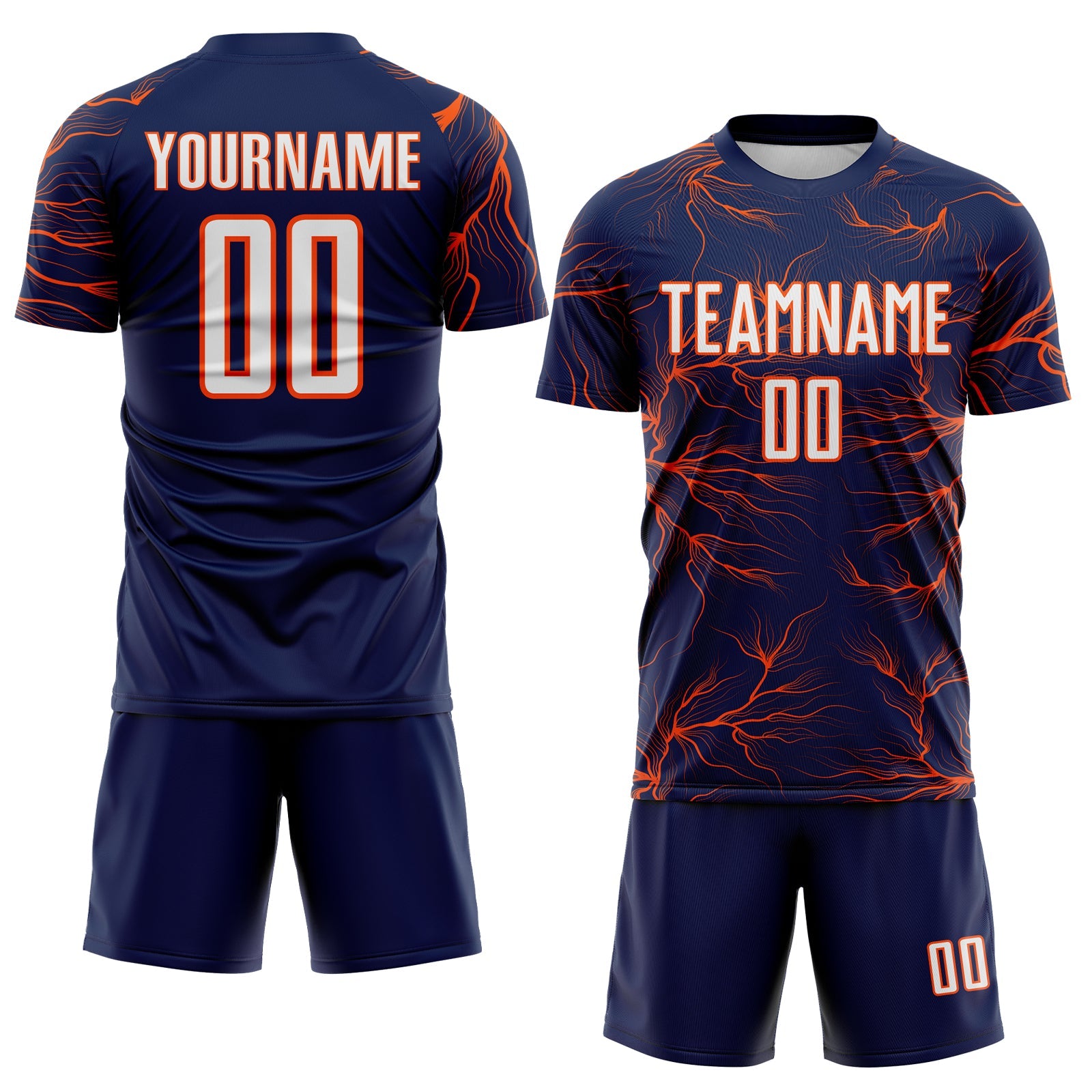 Custom Navy White-Orange Lightning Electric Veins Sublimation Soccer Uniform Jersey view 2