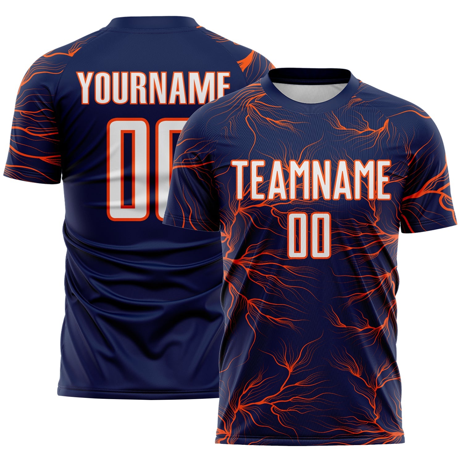 Custom Navy White-Orange Lightning Electric Veins Sublimation Soccer Uniform Jersey - Main View