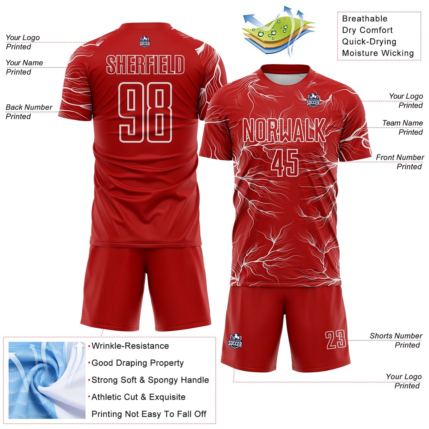 Custom Red White Lightning Electric Veins Sublimation Soccer Uniform Jersey view 4