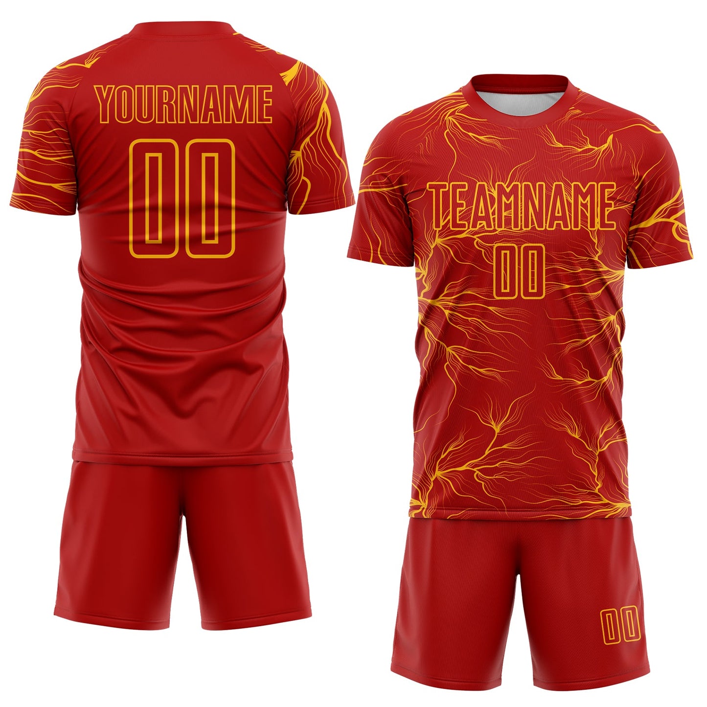 Custom Red Gold Lightning Electric Veins Sublimation Soccer Uniform Jersey view 2
