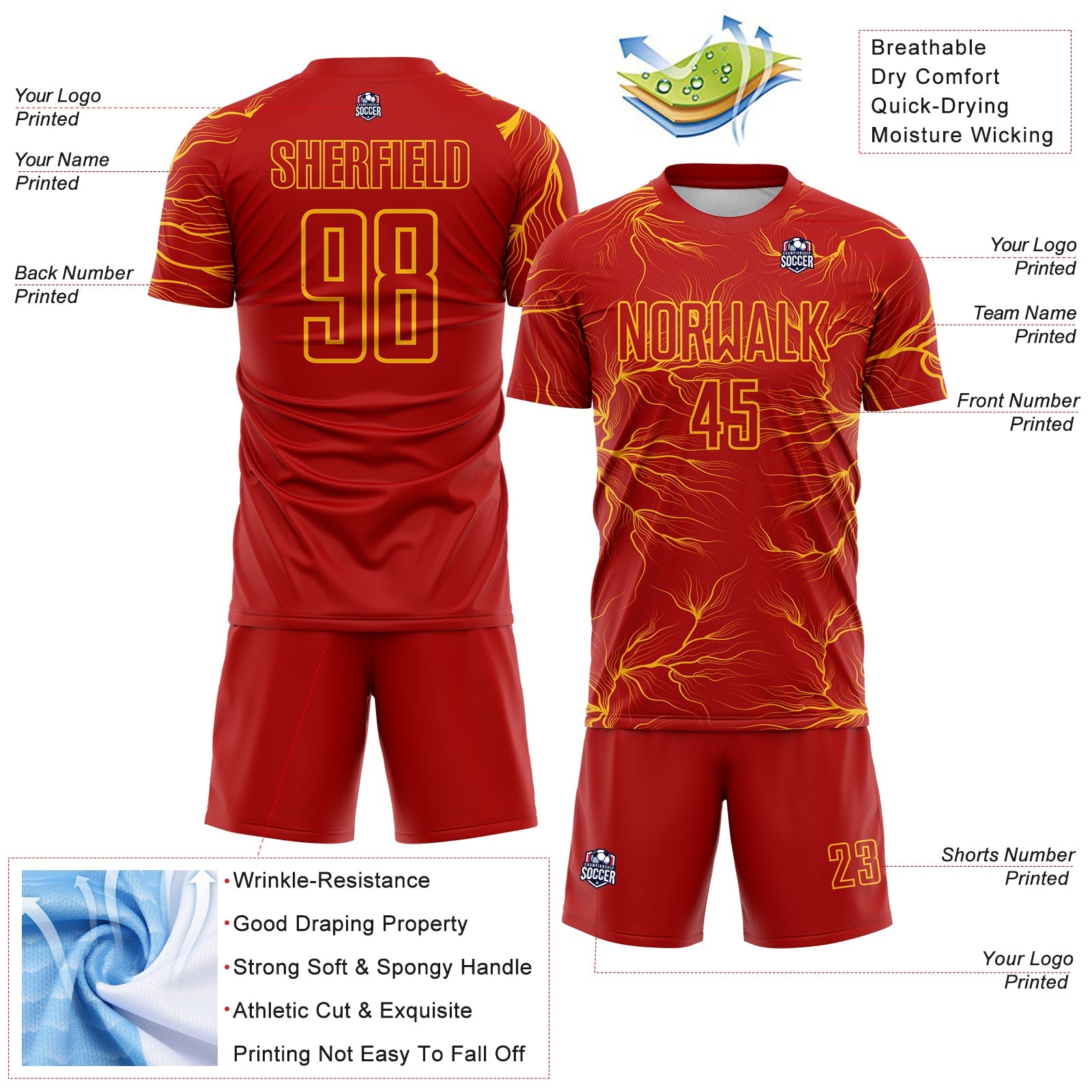 Custom Red Gold Lightning Electric Veins Sublimation Soccer Uniform Jersey view 4