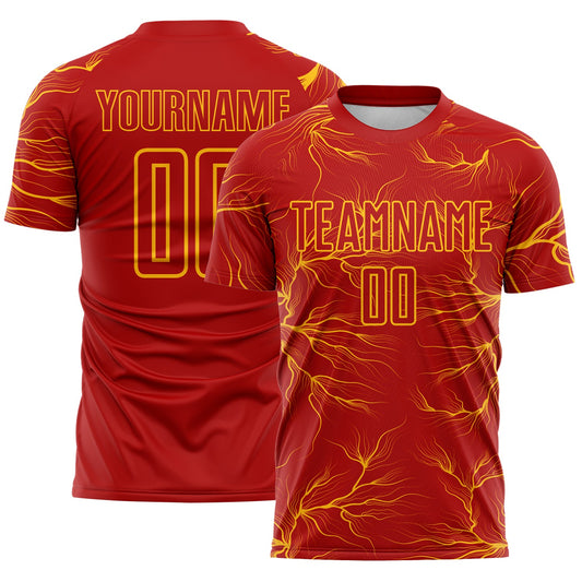 Custom Red Gold Lightning Electric Veins Sublimation Soccer Uniform Jersey - Main View