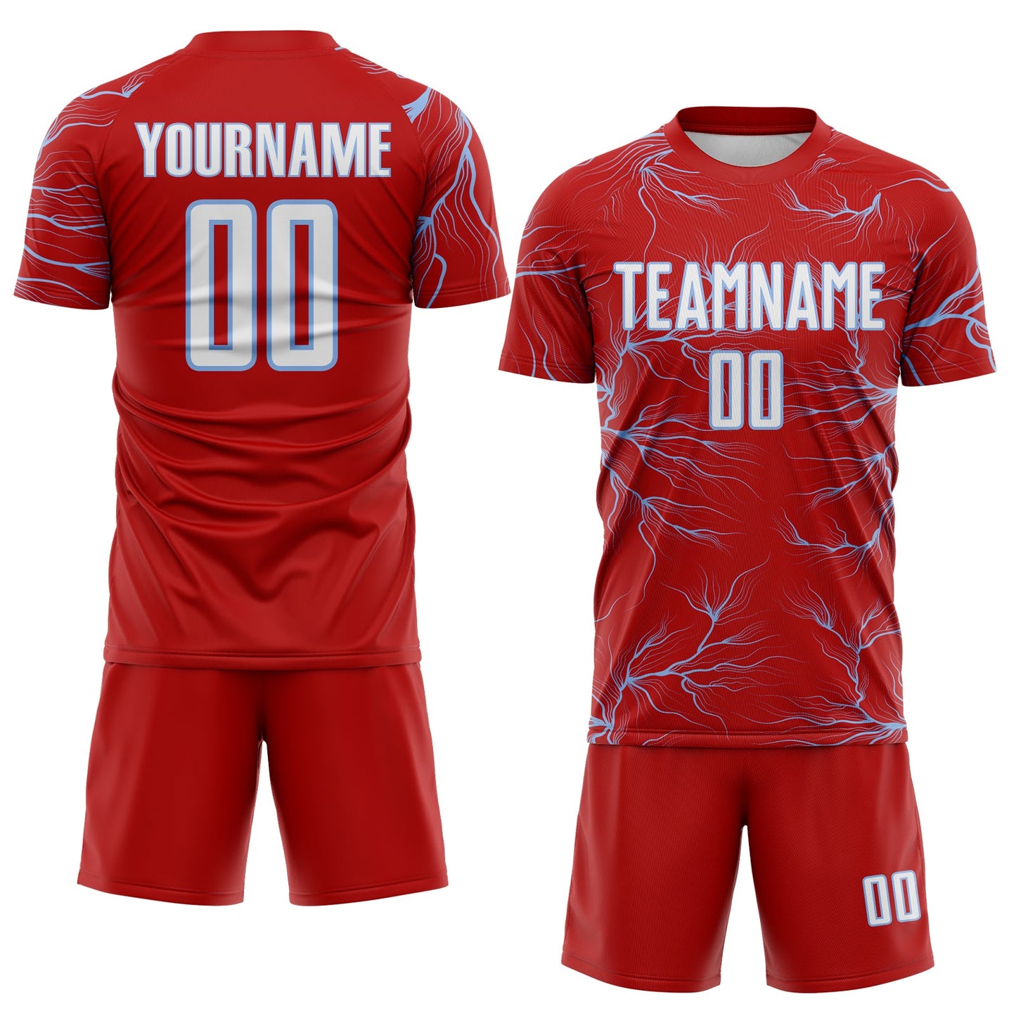 Custom Red White-Light Blue Lightning Electric Veins Sublimation Soccer Uniform Jersey view 2