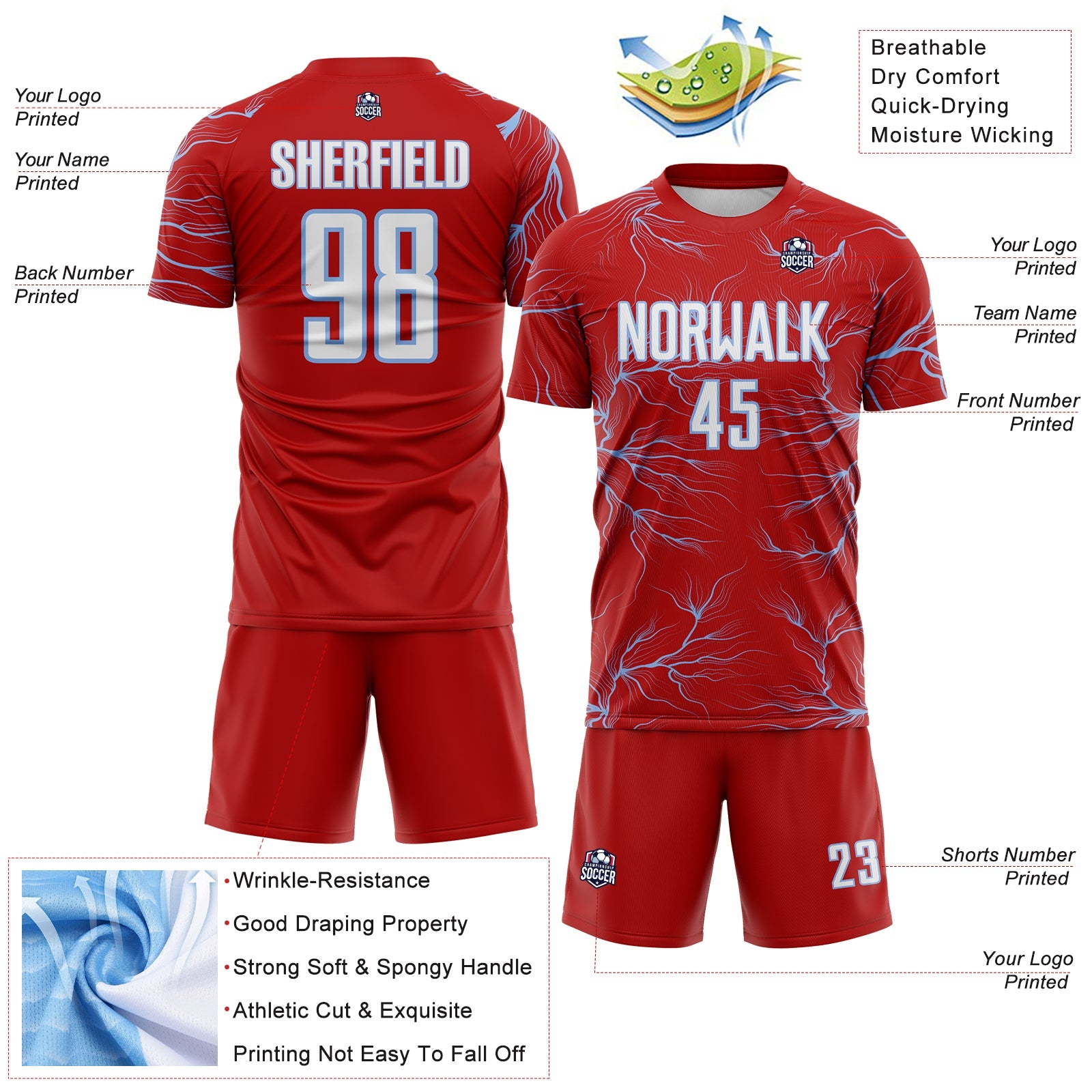 Custom Red White-Light Blue Lightning Electric Veins Sublimation Soccer Uniform Jersey view 4