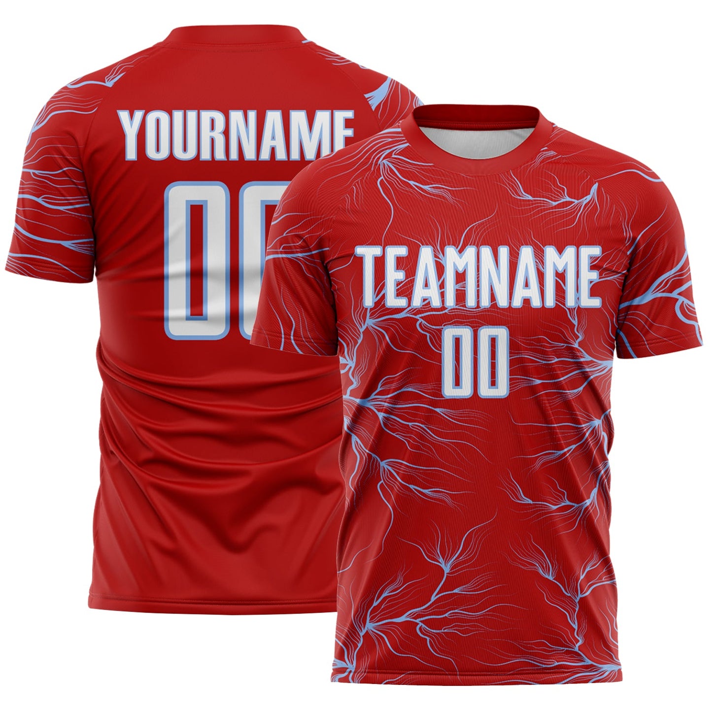 Custom Red White-Light Blue Lightning Electric Veins Sublimation Soccer Uniform Jersey - Main View